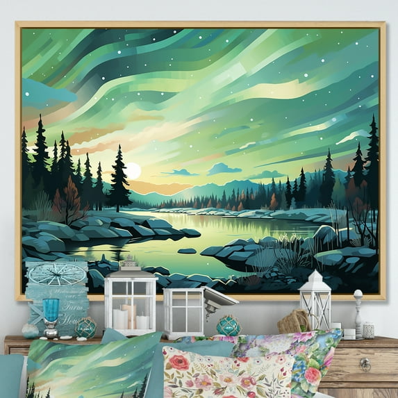 Designart "Minimalist Scenery Of The Northern Lights" Northern Lights Floater Framed Canvas Wall Art