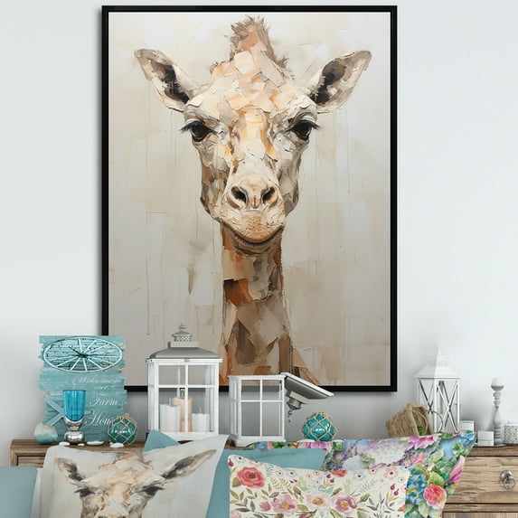 Designart "Minimalist Selfie With Beige Giraffe" Animals Giraffe Floater Framed Wall Art Prints