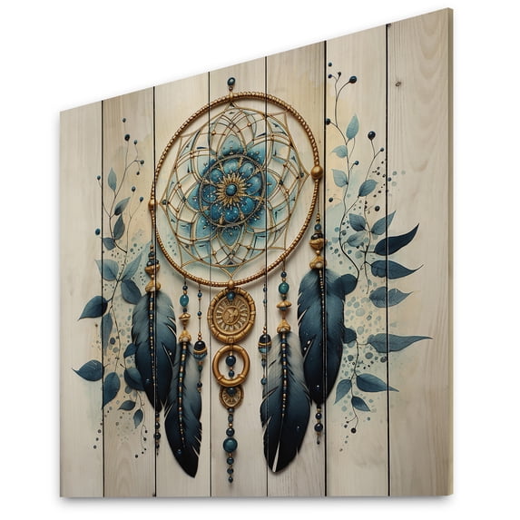 Designart "Minimalist Serenity Blue Dream Catcher I" Landscapes Print on Natural Pine Wood