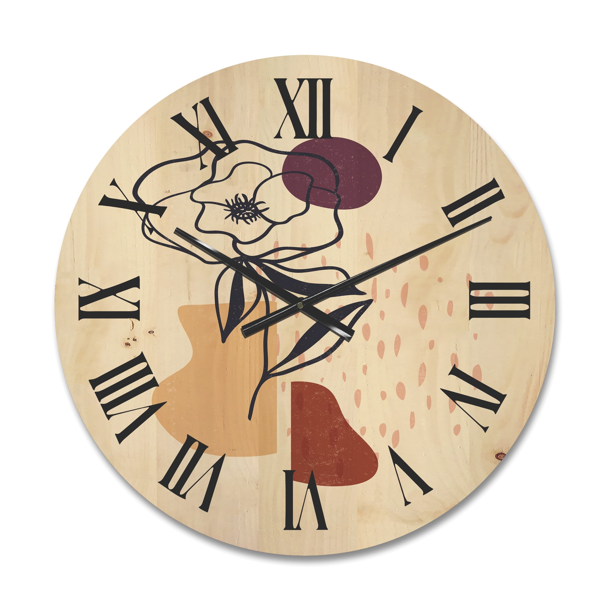 Designart 'Minimalist Shapes With Ancient Flower I' Modern Wood Wall Clock