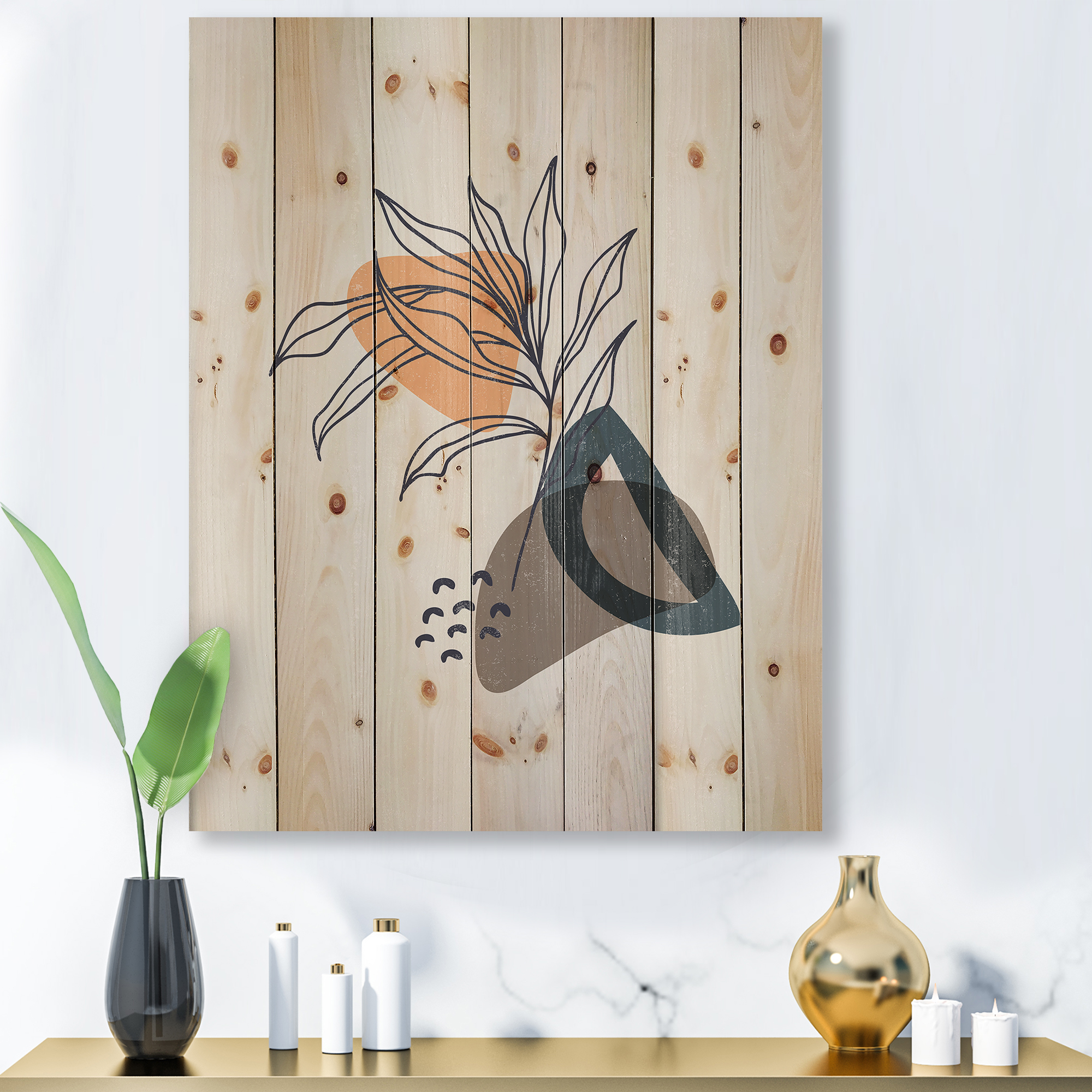 Designart 'Minimalist Shapes With Ancient Plant I' Modern Print on Natural Pine Wood