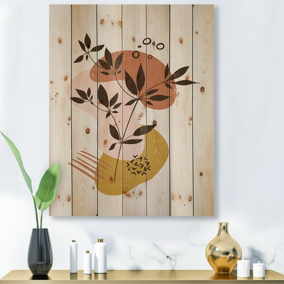 Designart 'Minimalist Shapes With Ancient Plant II' Modern Print on Natural Pine Wood