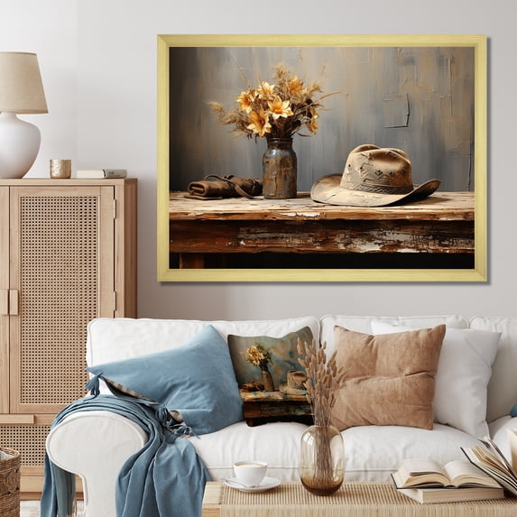 Designart "Minimalist Style Cowboy Hat" People Framed Wall Art Decor - Mid-Century Yellow Cowboys Entryway Framed Wall Art Print