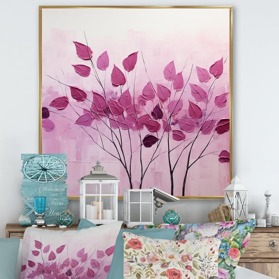 Designart "Minimalist Style In Magenta Motion Leaves II" Leaves Floater Framed Canvas Prints