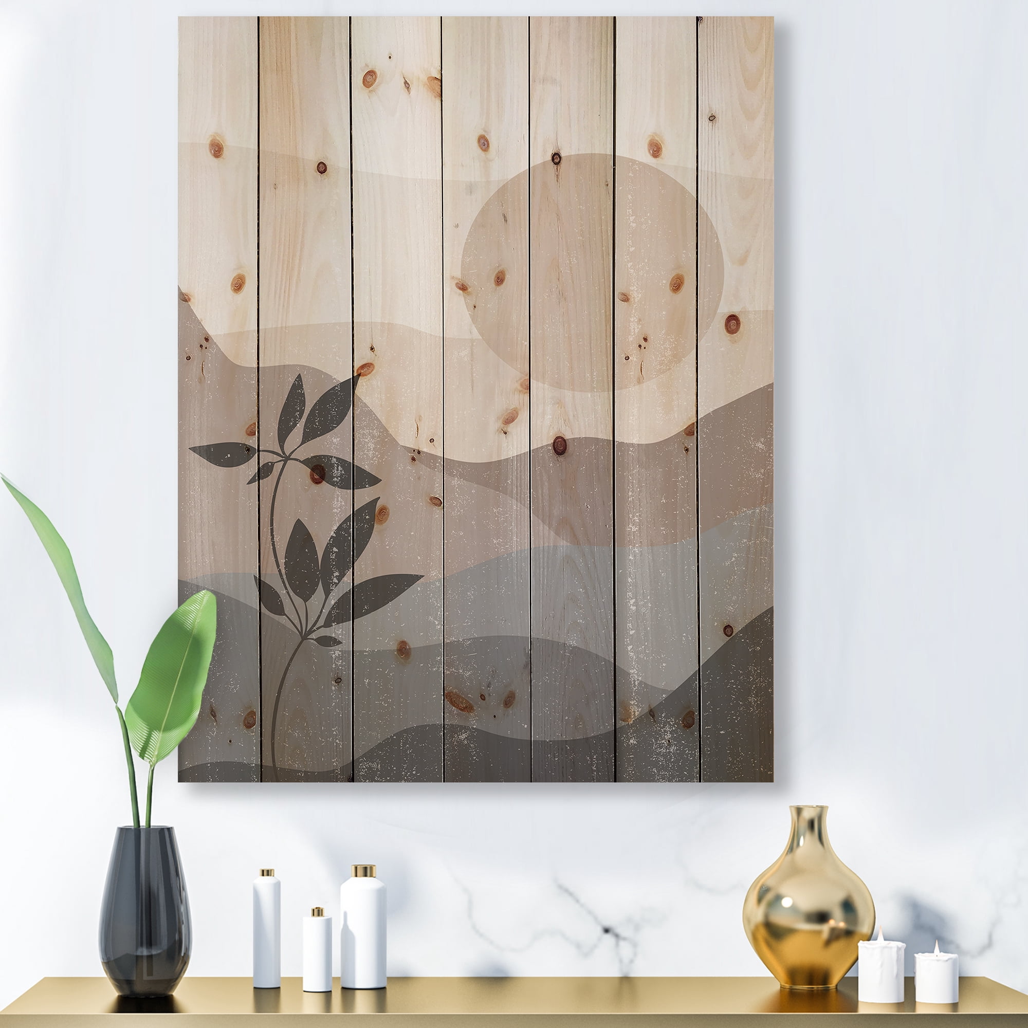 Designart 'Minimalist Sunset Over Mountain Landscape' Modern Print on Natural Pine Wood