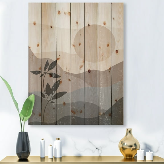 Designart 'Minimalist Sunset Over Mountain Landscape' Modern Print on Natural Pine Wood