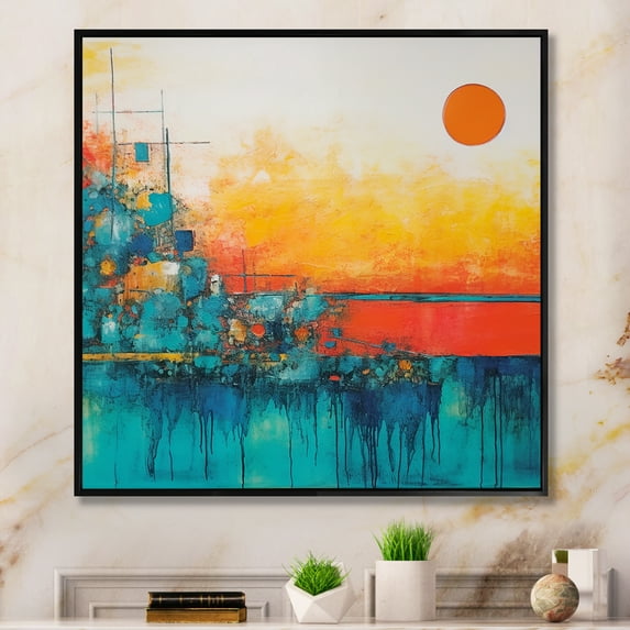 Designart "Minimalist Sunset in Blue and Orange II" Abstract Framed Wall Art - Transitional Orange Abstract Minimalism Entryway Framed Wall Art