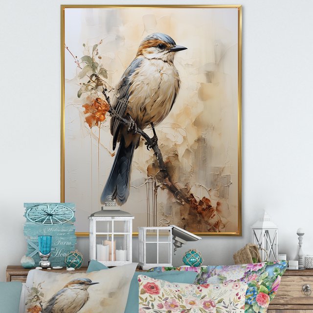 Designart "Minimalist Taupe Avian On Limb I" Animals Bird Floater Framed Wall Art Living Room