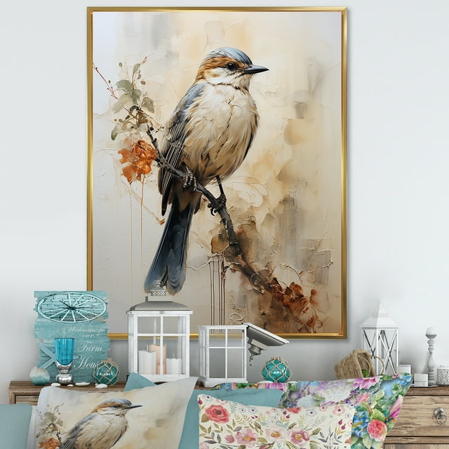 Designart "Minimalist Taupe Avian On Limb I" Animals Bird Floater Framed Wall Art Living Room