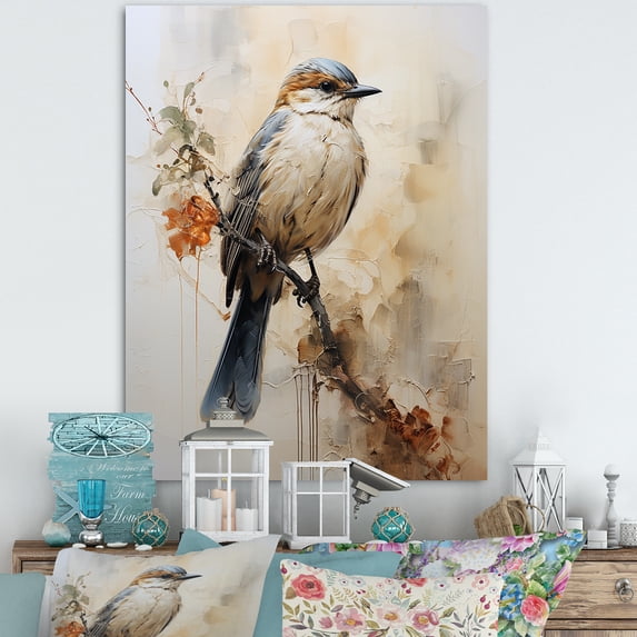Designart "Minimalist Taupe Avian On Limb I" Animals Bird Wall Art Living Room