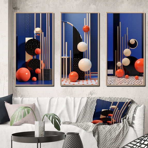 Designart "Minimalist Tribute to Calder II" Modern Geometric Framed Wall Art Set Of 3 - Blue Abstract Frame Gallery Set For Office Decor
