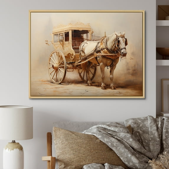 Designart "Minimalist Vintage American Cart With Horse I" Old American Cart Floater Framed Wall Decor