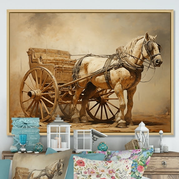 Designart "Minimalist Vintage American Cart With Horse" Old American Cart Floater Framed Canvas Prints
