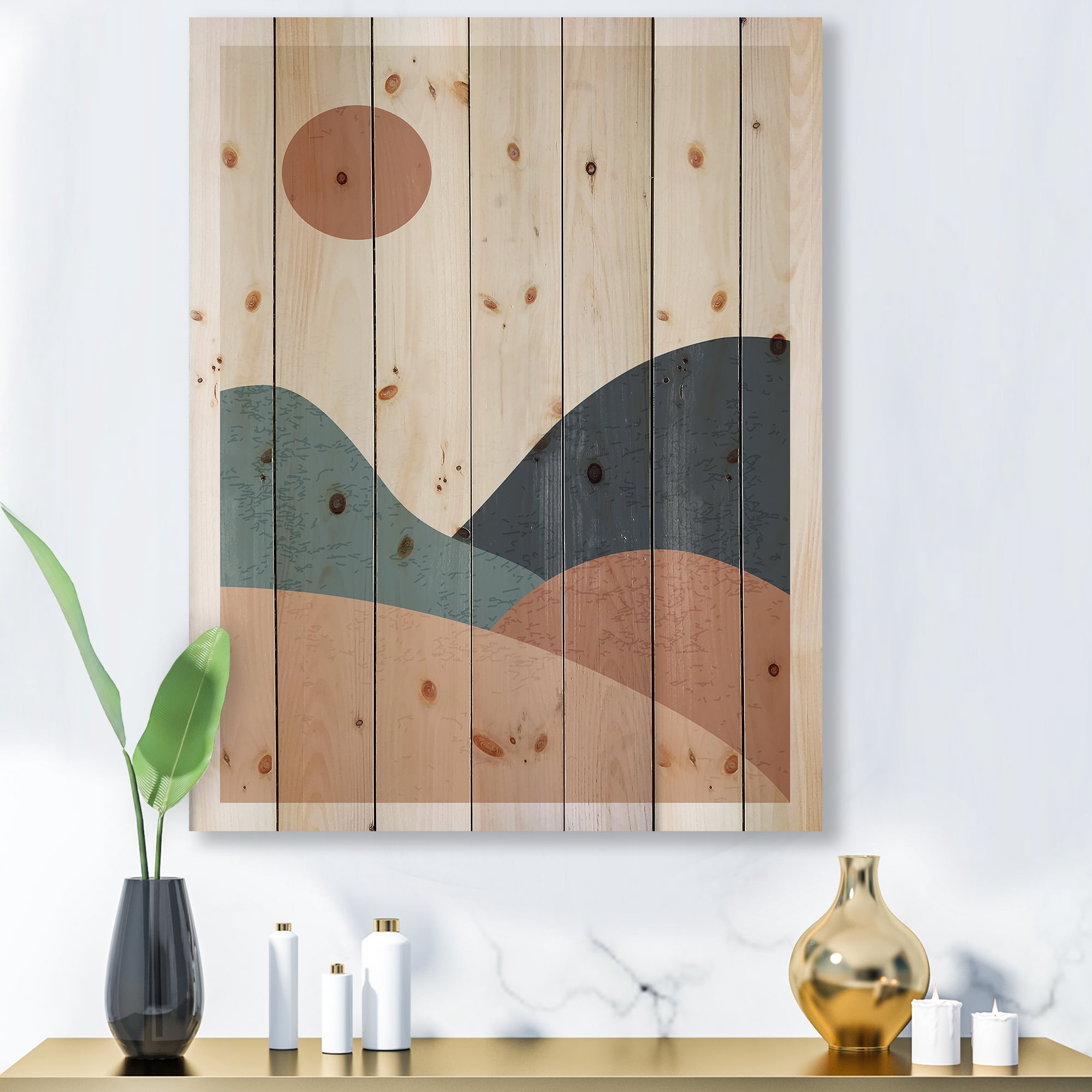 Designart 'Minimalist Vintage Landscape With Lake At Sunset' Modern Print on Natural Pine Wood