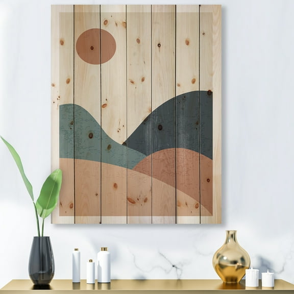 Designart 'Minimalist Vintage Landscape With Lake At Sunset' Modern Print on Natural Pine Wood