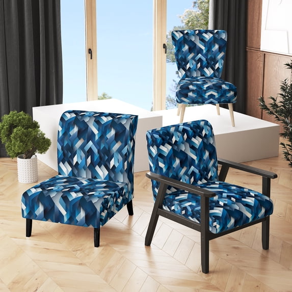 Designart "Minimalist White And Blue Polygons Geometric II" Upholstered Geometric Accent Chair and Modern & Contemporary Arm Chair - Multiple Color & Pattern