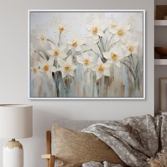 Designart "Minimalist White Daffodils II" Daffodils Floater Framed Canvas Prints