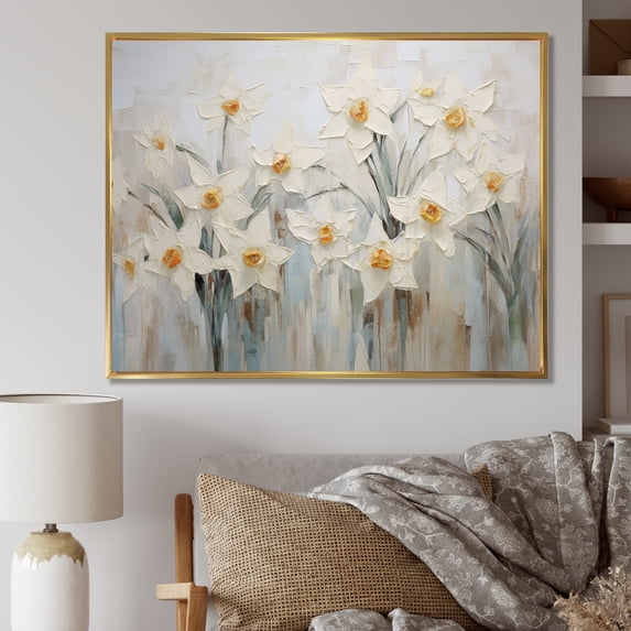 Designart "Minimalist White Daffodils II" Daffodils Floater Framed Canvas Prints