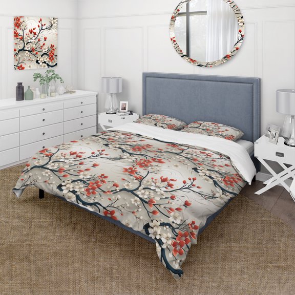 Designart "Minimalistic Asian Essence I" Beige Oriental Bedding Covert Set - Oriental Bed Set With 2 Shams