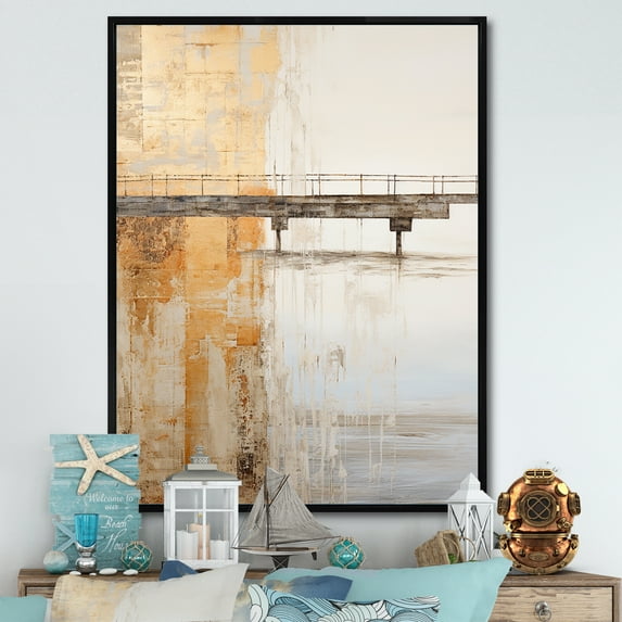 Designart "Minimalistic Beige Pier On The Horizon" Coastal Pier Floater Framed Canvas Art Print