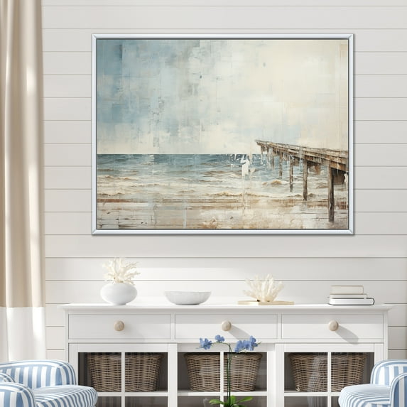 Designart "Minimalistic Beige Pier On The Horizon II" Coastal Pier Floater Framed Wall Art Living Room