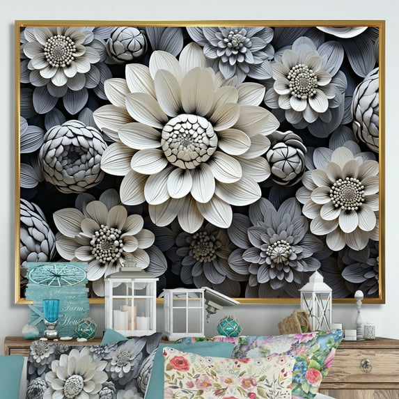Designart "Minimalistic Black And White Zinnias Collage" Zinnias Floater Framed Canvas Prints