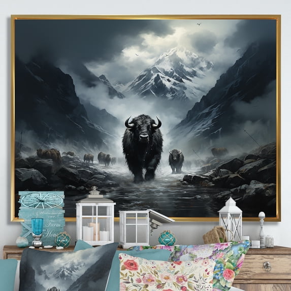Designart "Minimalistic Black Yak Panorama" Yaks Floater Framed Wall Art Living Room