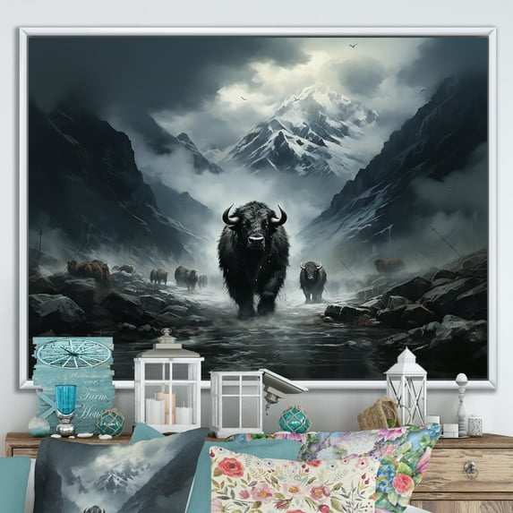 Designart "Minimalistic Black Yak Panorama" Yaks Floater Framed Wall Art Living Room
