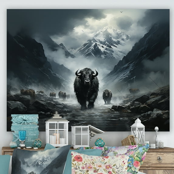 Designart "Minimalistic Black Yak Panorama" Yaks Wall Art Living Room
