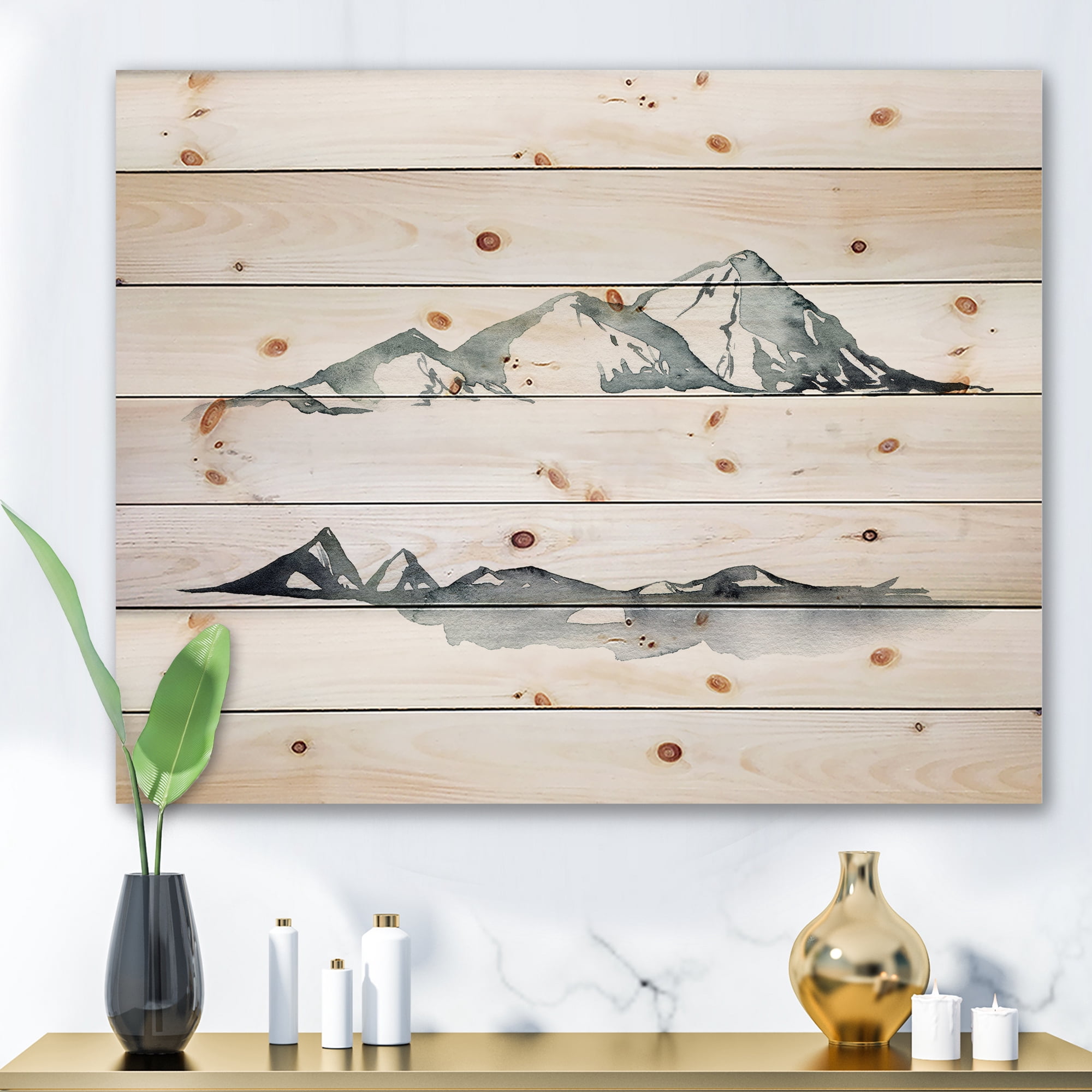 Designart 'Minimalistic Dark Blue Mountains Landscape' Modern Print on Natural Pine Wood