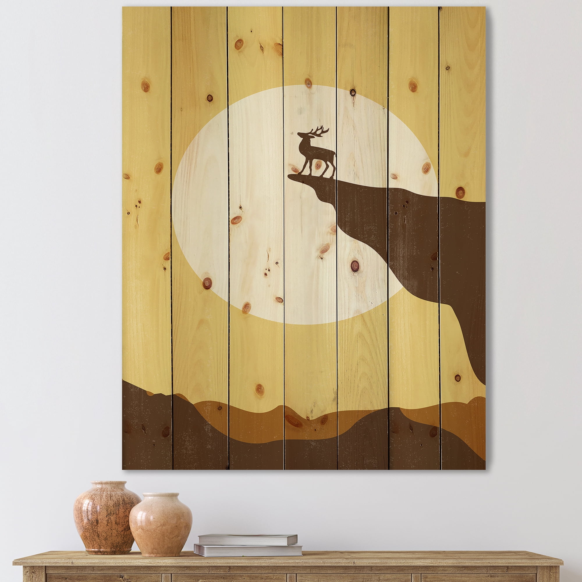 Designart 'Minimalistic Deer At Sunset On Mountain Top' Lake House Print on Natural Pine Wood