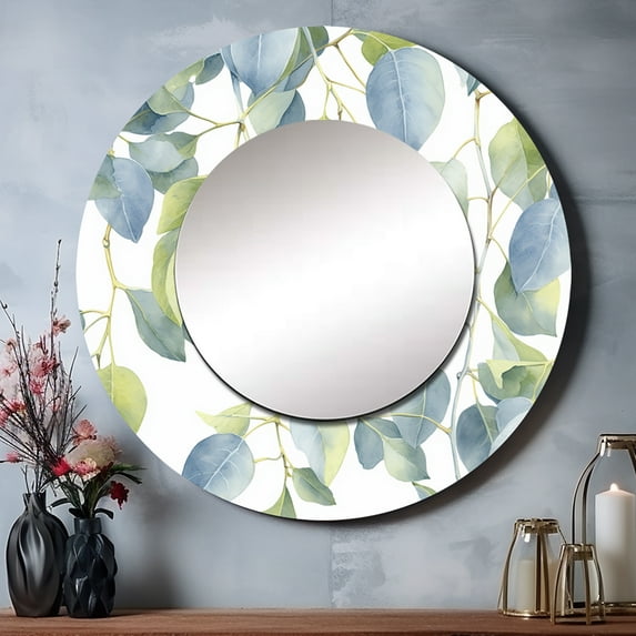 Designart "Minimalistic Eucalyptus Essence in White and Green II" Floral Rund Mirror For Wall Decor - Large White Round Print Mirror - Round Traditional Mirror 29" x 29" Inch
