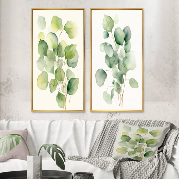 Designart "Minimalistic Eucalyptus Essence in White and Green VI" Floral Framed Wall Art Set Of 2 - White Floral Framed Canvas Set For Living Room Decor