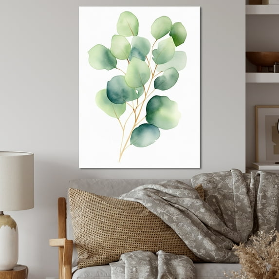 Designart "Minimalistic Eucalyptus Essence in White and Green VII" Floral Metal Art Living Room
