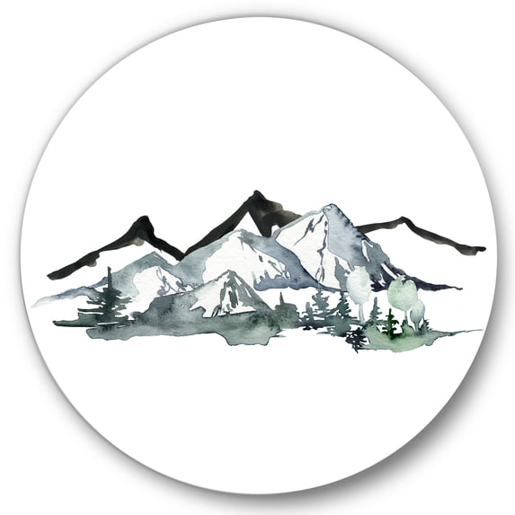 Designart 'Minimalistic Fir Forest and Winter Mountains I' Modern Circle Metal Wall Art 23x23 - Disc of 23