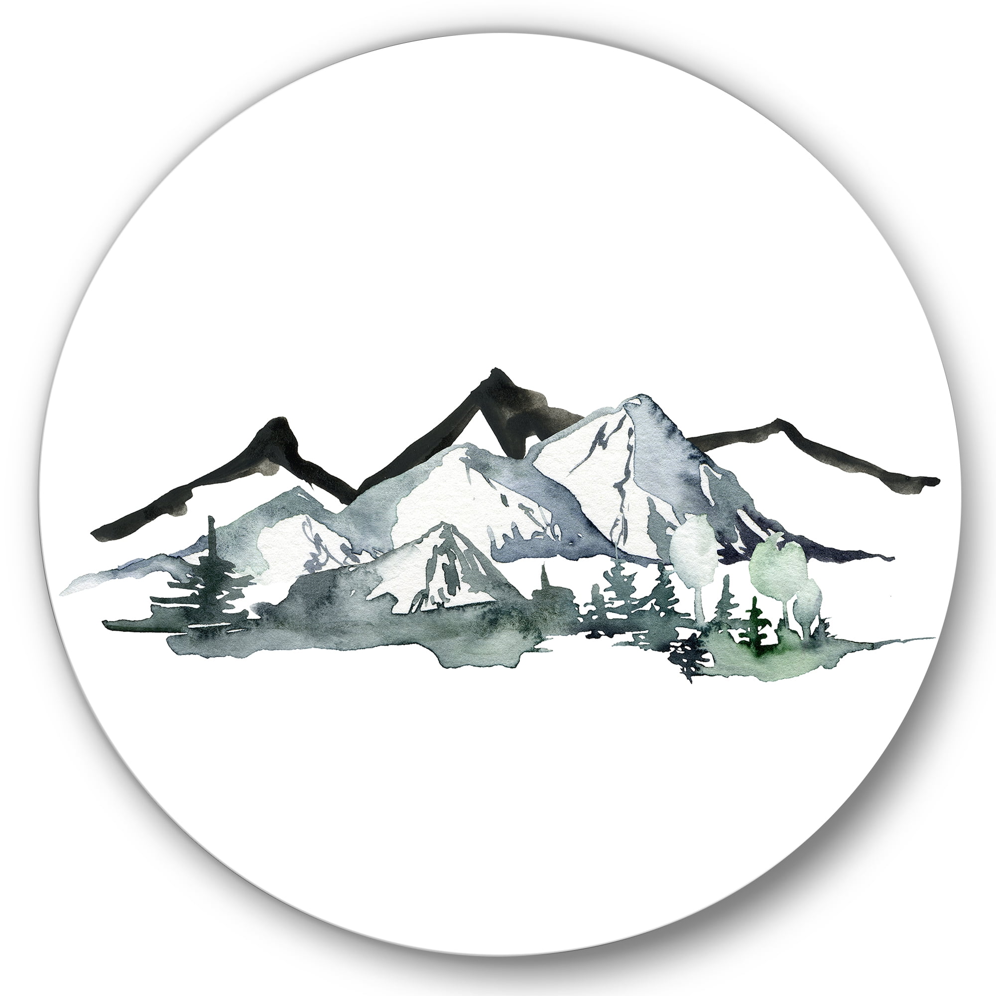 Designart 'Minimalistic Fir Forest and Winter Mountains I' Modern Circle Metal Wall Art 36x36 - Disc of 36