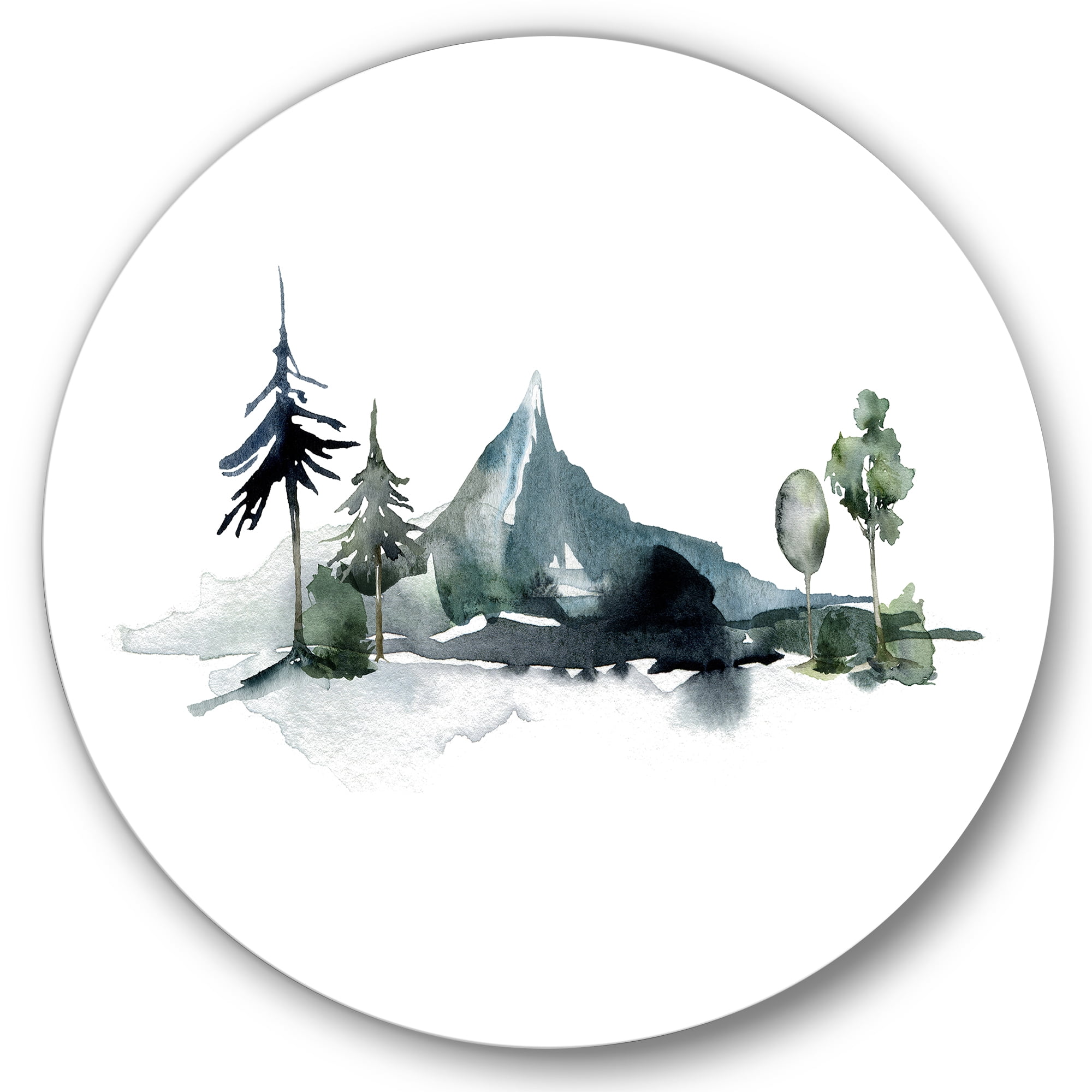 Designart 'Minimalistic Fir Forest and Winter Mountains II' Modern Circle Metal Wall Art 11x11 - Disc of 11