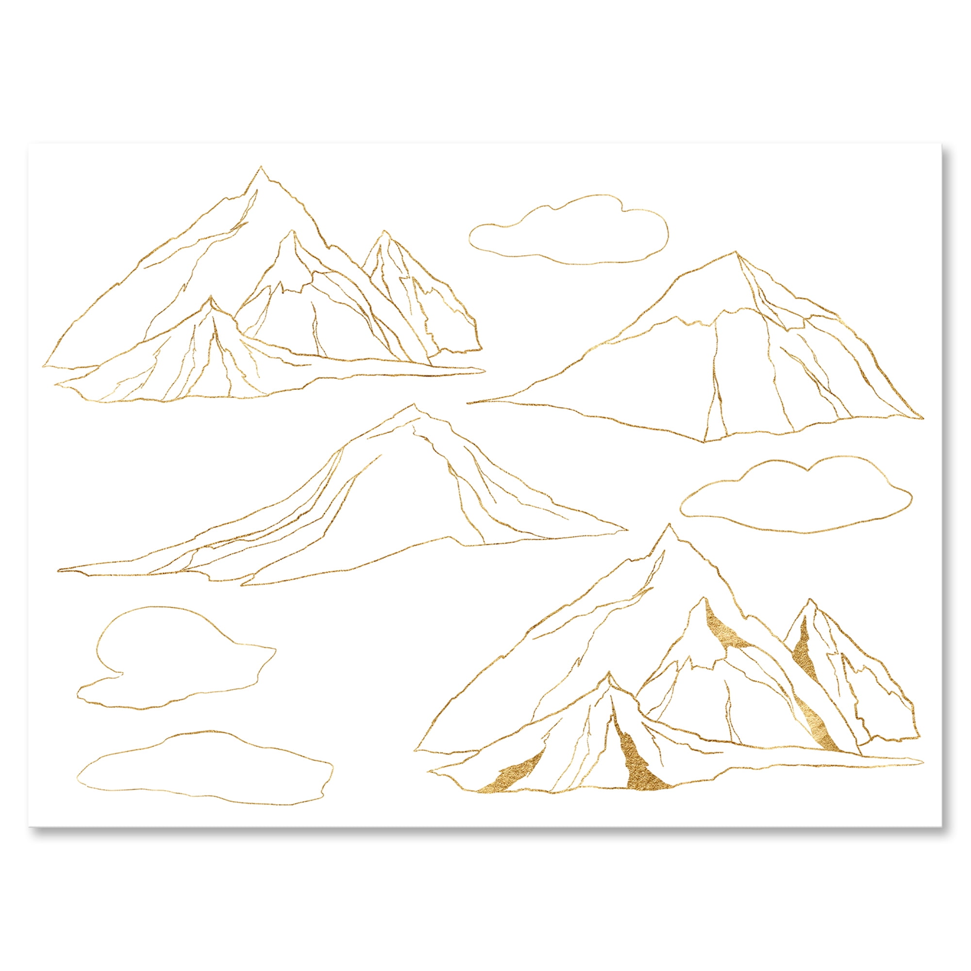 Designart ' Minimalistic Gold Linear Set Of Clouds and Mountains ' Modern Canvas Wall Art Print
