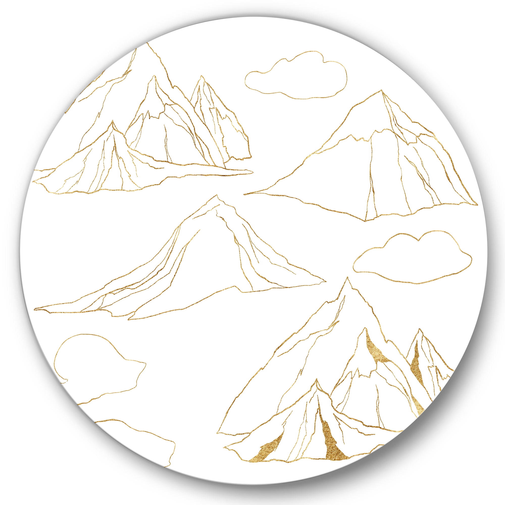 Designart 'Minimalistic Gold Linear Set Of Clouds and Mountains' Modern Circle Metal Wall Art 36x36 - Disc of 36