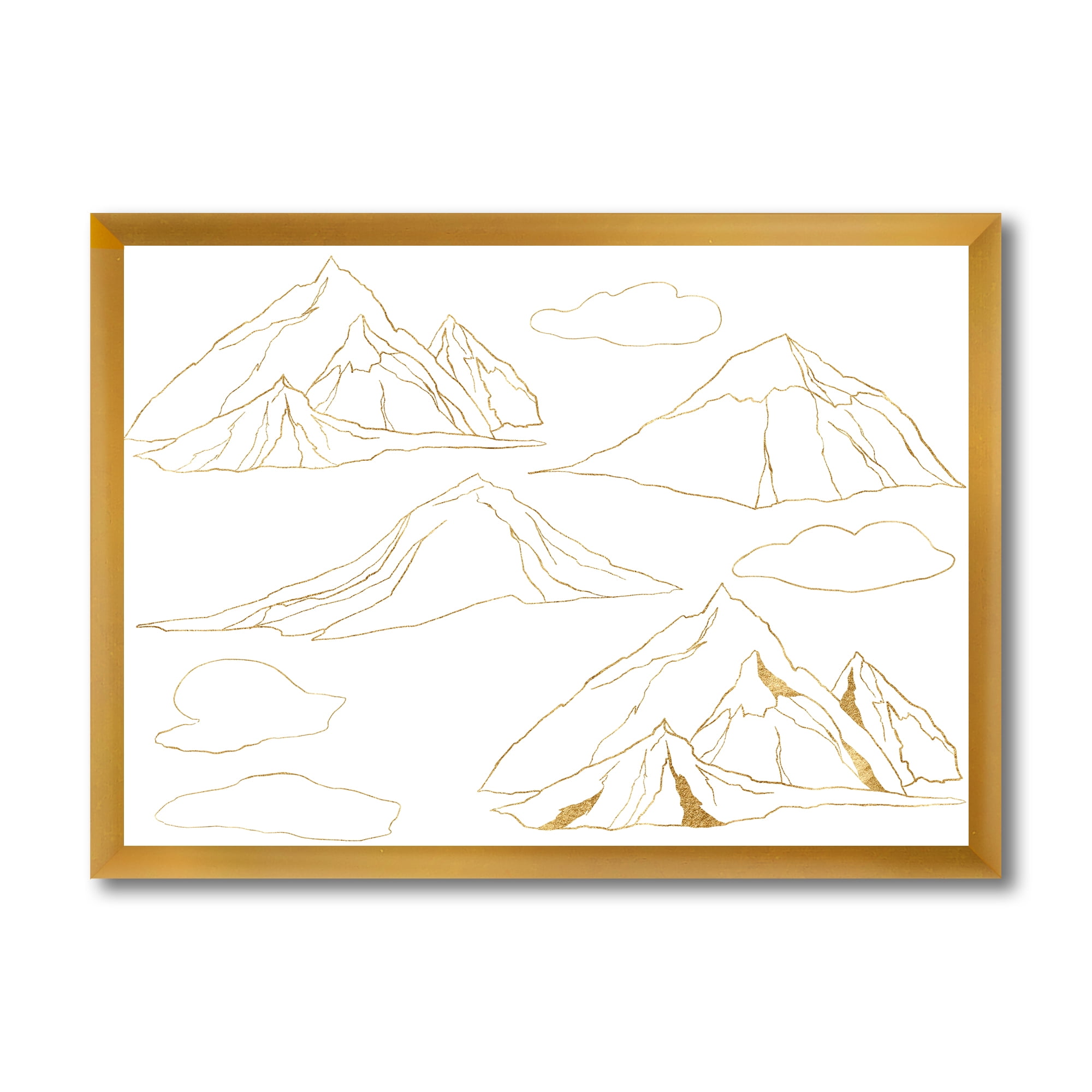 Designart 'Minimalistic Gold Linear Set Of Clouds and Mountains' Modern Framed Art Print