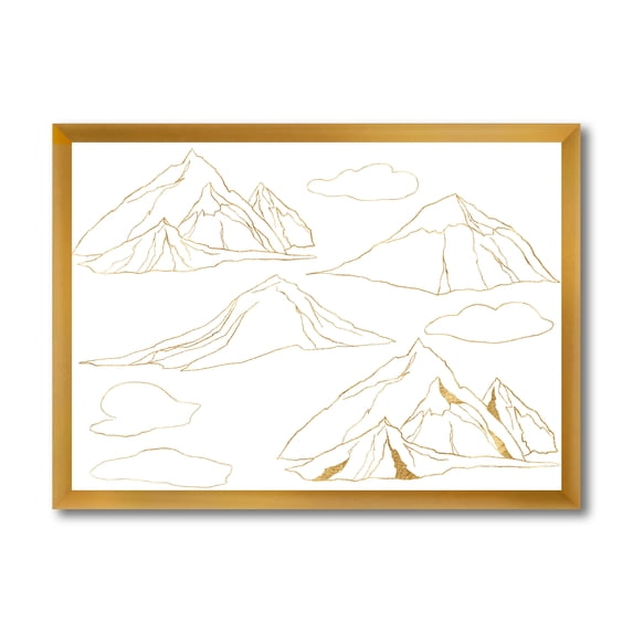 Designart 'Minimalistic Gold Linear Set Of Clouds and Mountains' Modern Framed Art Print
