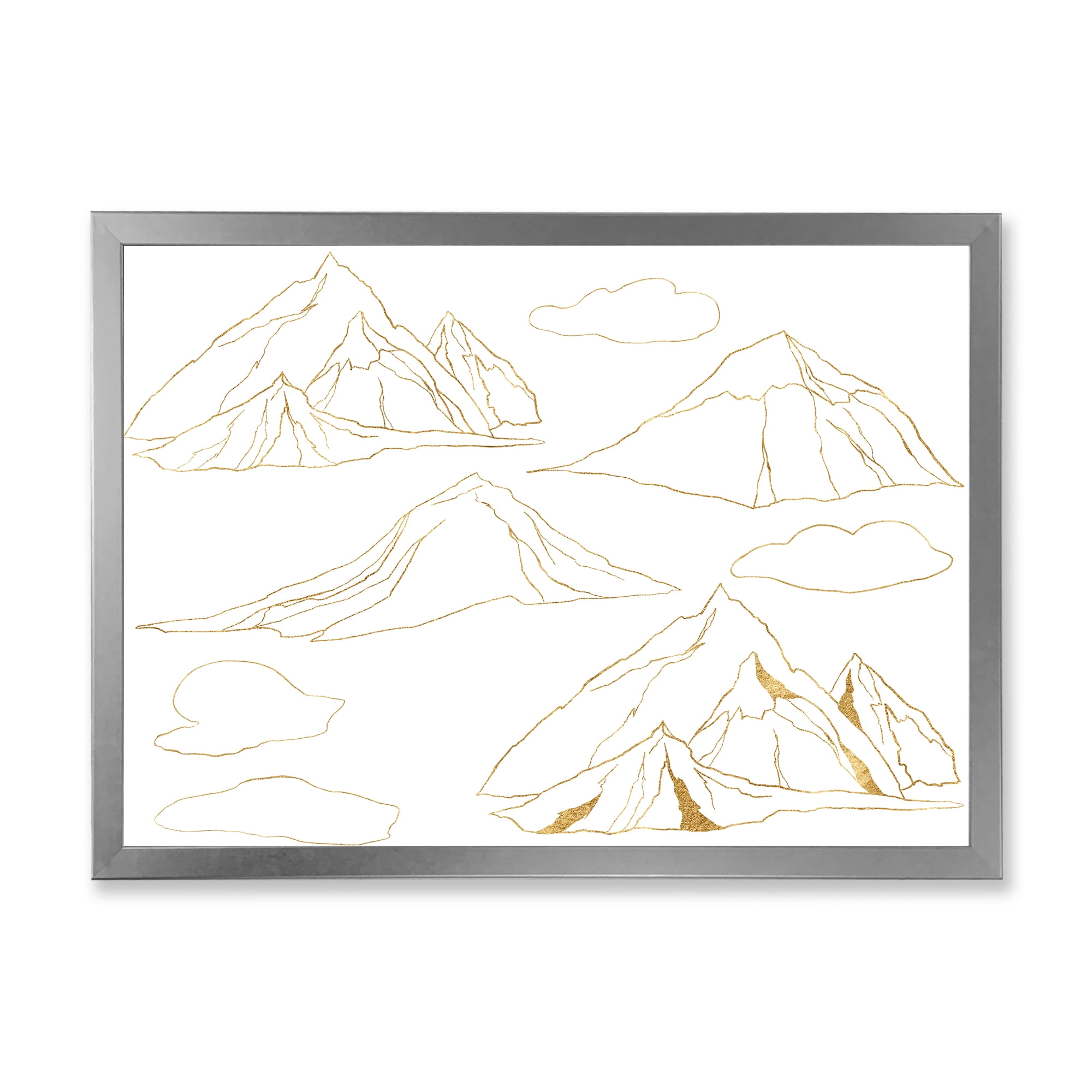Designart 'Minimalistic Gold Linear Set Of Clouds and Mountains' Modern Framed Art Print