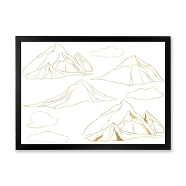Designart 'Minimalistic Gold Linear Set Of Clouds and Mountains' Modern Framed Art Print