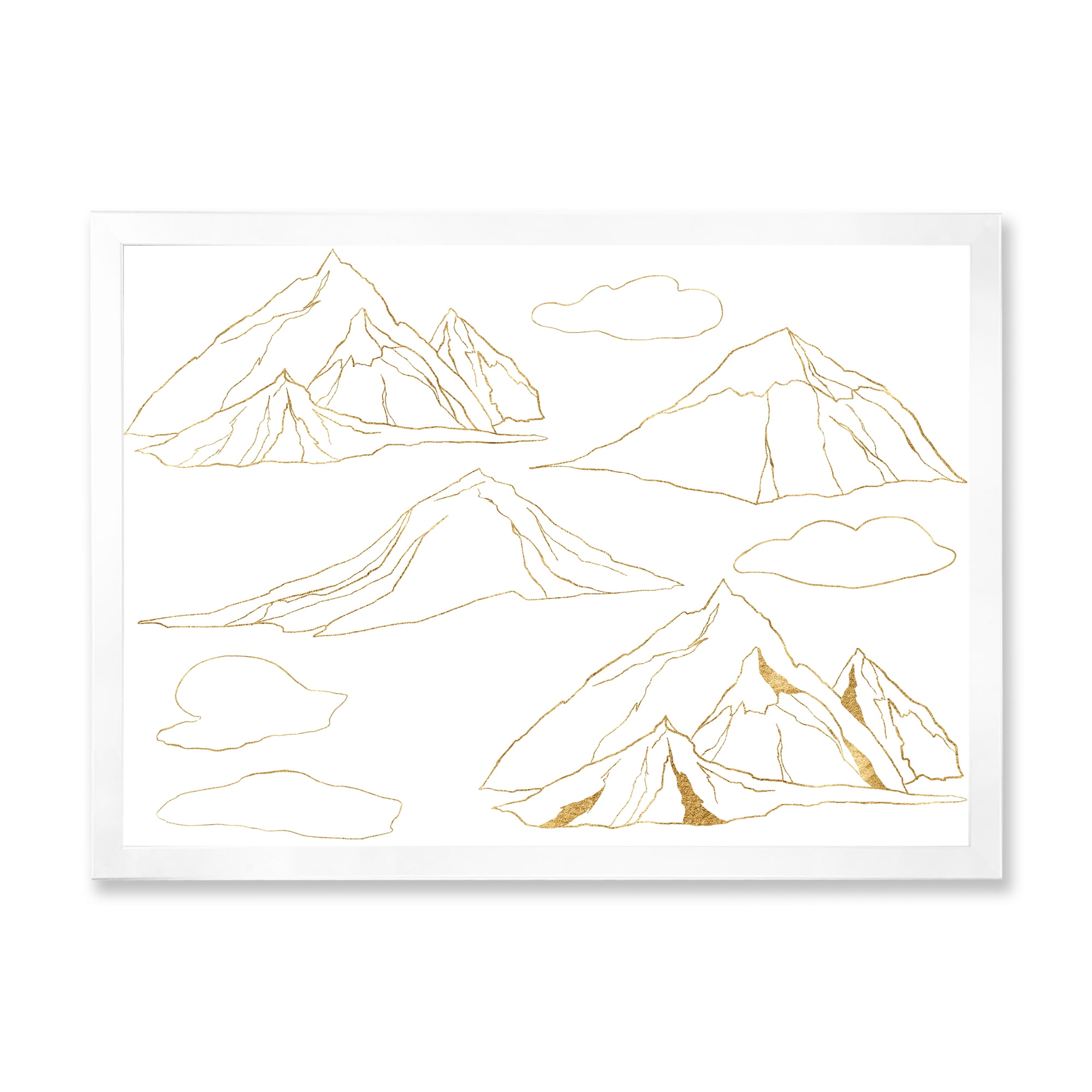 Designart 'Minimalistic Gold Linear Set Of Clouds and Mountains' Modern Framed Art Print