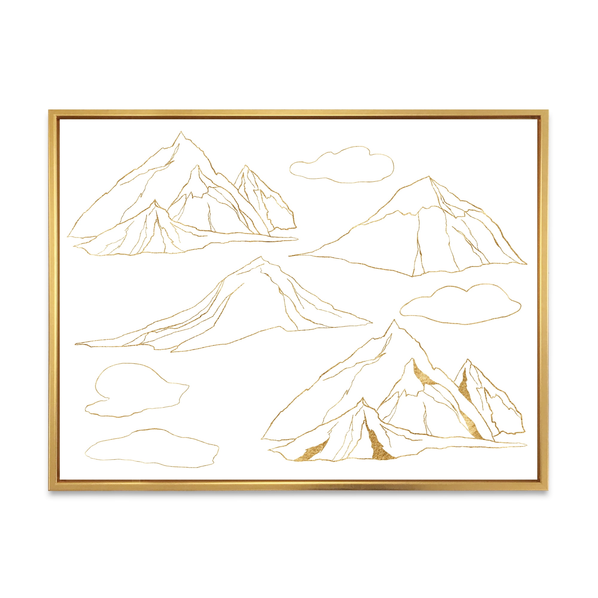 Designart 'Minimalistic Gold Linear Set Of Clouds and Mountains' Modern Framed Canvas Wall Art Print