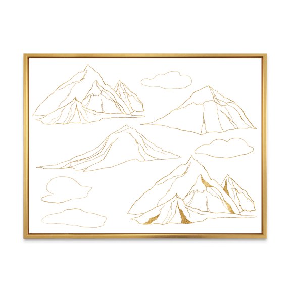 Designart 'Minimalistic Gold Linear Set Of Clouds and Mountains' Modern Framed Canvas Wall Art Print