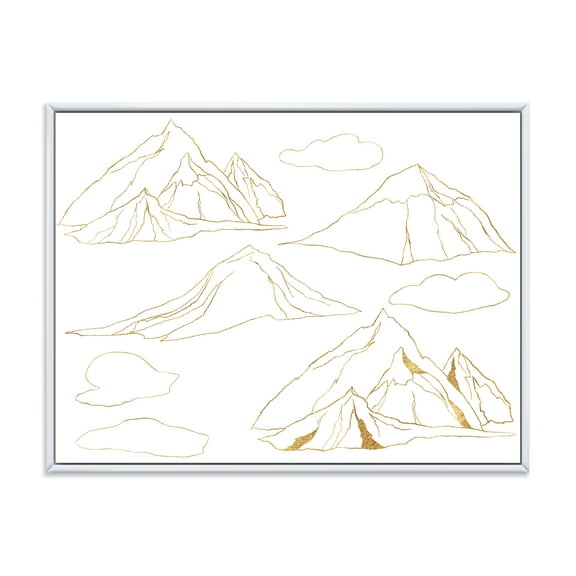 Designart 'Minimalistic Gold Linear Set Of Clouds and Mountains' Modern Framed Canvas Wall Art Print