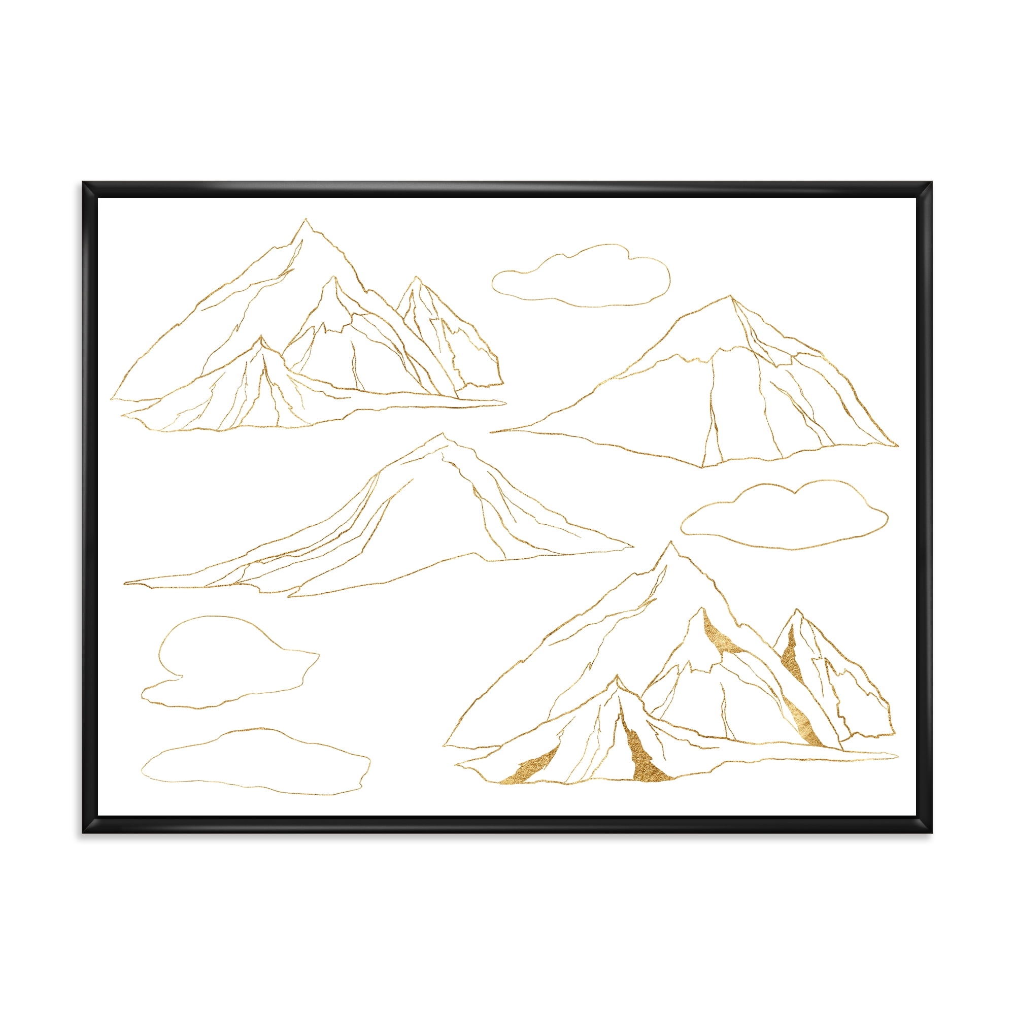 Designart 'Minimalistic Gold Linear Set Of Clouds and Mountains' Modern Framed Canvas Wall Art Print