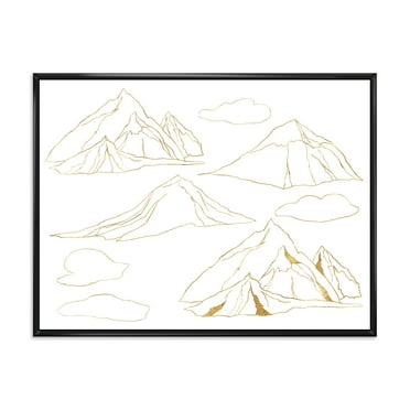 Designart 'Minimalistic Gold Linear Set Of Clouds and Mountains' Modern Framed Canvas Wall Art Print