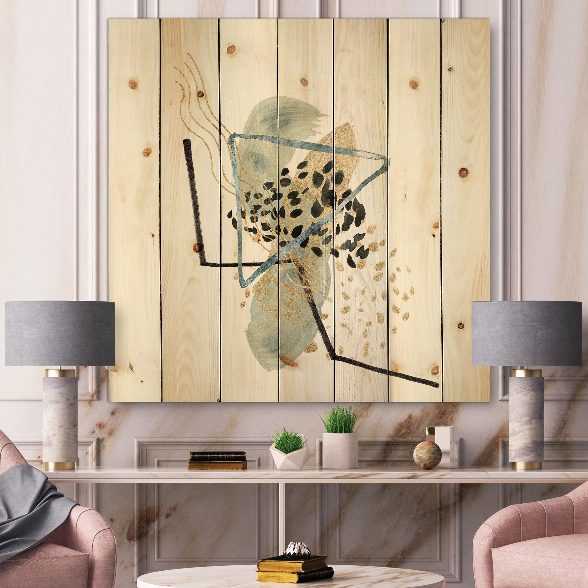 Designart 'Minimalistic Golden Polka Dots and Ink Mountains' Modern Print on Natural Pine Wood